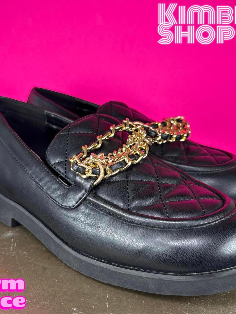 Lulus Trinitie Quilted Faux Black Leather Chain Accent Loafer US 7.5 UK 5.5